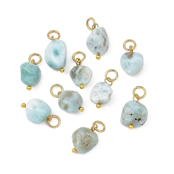 Natural Larimar Pendants, Nuggets Charms, with 304 Stainless Steel Open Jump Rings, Golden