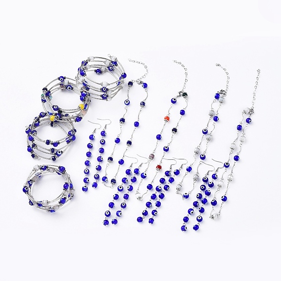 Böser blick lampwork schmuck sets, Wickelarmbänder & Ohrringe & Halsketten, Mit facettiertem glas, unmagnetische synthetischen Hämatit, Messingrohrperlen und 304 Edelstahlzubehör