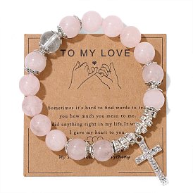 Natural Rose Quartz Round Beaded Stretch Bracelets, with Cross Metal Rhinestone Charms for Women Girls