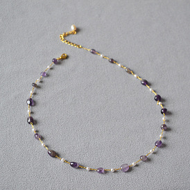 Short Necklace with Purple and Green Imitation Pearl Beads
