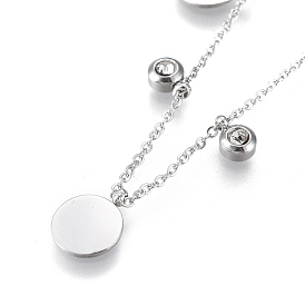 304 Stainless Steel Pendant Necklaces, with Clear Cubic Zirconia, Cable Chains and Round Beads, Flat Round