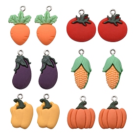 12Pcs 6 Styles Opaque Resin Pendants, Vegetable Charms, with Platinum Tone Alloy Loops