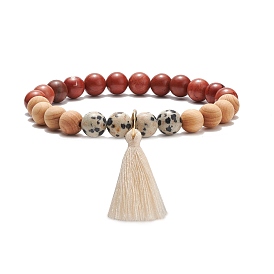 Natural Red Jasper & Dalmatian & Wood Round Beaded Stretch Bracelet with Tassel Charm, Gemstone Jewelry for Women