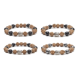 Tête bouddhiste en alliage de pierres précieuses et bracelet extensible en perles de bois pour femme