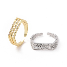 Clear Cubic Zirconia Triple Line Open Cuff Ring, Brass Jewelry for Women