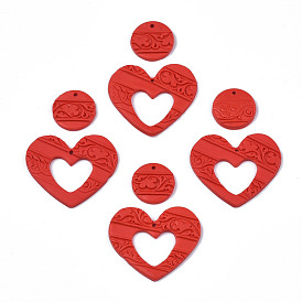 Handmade Polymer Clay Pendants, Embossed, Heart & Flat Round