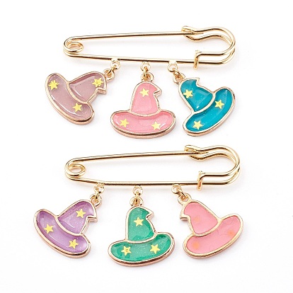 Brass Safety Brooch, with Alloy Enamel Pendants, Witch Hat, Golden