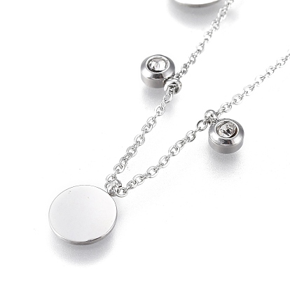 304 Stainless Steel Pendant Necklaces, with Clear Cubic Zirconia, Cable Chains and Round Beads, Flat Round