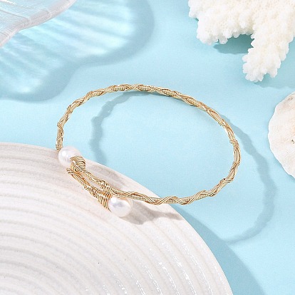 Natural Cultured Freshwater Pearl Rice Wire Wrapped Brass Cuff Bangles for Women, White