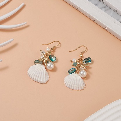 Shell Pearl & Glass & Starfish Cluster Dangle Earrings, Golden Brass Jewelry for Women