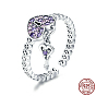 925 Sterling Silver Cuff Rings, Open Rings, with Cubic Zirconia, with 925 Stamp, Heart Lock with Key