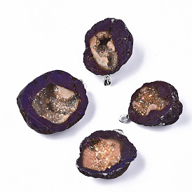 Galvanoplastie naturelle agate druzy pendentifs, avec bélière pincée en laiton platine, teint, nuggets