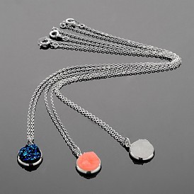 Silver Color Plated Flat Round Brass Druzy Resin Pendant Necklaces, with Cable Chains and Spring Ring Clasps, 18 inch