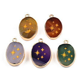 Natural Agate Pendants, with Light Gold Plated Brass Edge & Iorn Loops, Gold Powder, Dyed & Heated, Oval with Star Charm