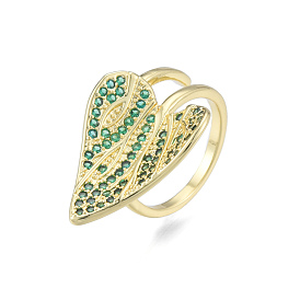 Cubic Zirconia Leaf Open Cuff Ring, Real 18K Gold Plated Brass Jewelry for Women, Nickel Free