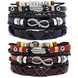 3 pcs 3 ensemble de bracelets en cordon de cuir de style, bracelets réglables en alliage plumes et maillons infinis avec cordons cirés