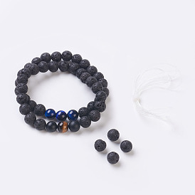 Natural Lava Rock Stretch Bracelets, with Natural Gemstone Beads, Round, Burlap Packing