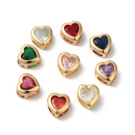 Brass Slide Charms, with Glass, Heart Shape, Golden