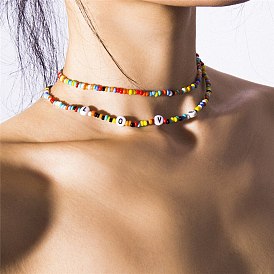 Bohemian Style Short Necklace Choker Handmade Colorful Letter LOVE Pearl Pendant Chain