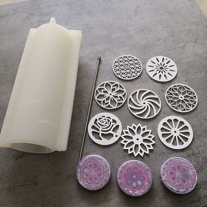 Silicone Soap Pull Through Designs Tool Sets, with Acrylic Kaleidoscope Mold and Iron Sticks, for Soap Making, Flat Round with Flower Pattern