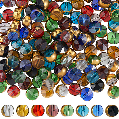 160Pcs 8 Colors Transparent Glass Beads, Flat Round, with Golden Tone Edge, Faceted