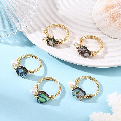 Eco-Friendly Copper Wire with Natural Abalone Shell/Paua Shell Finger Rings, Round, Electroplated Shell Pearl Rings for Women