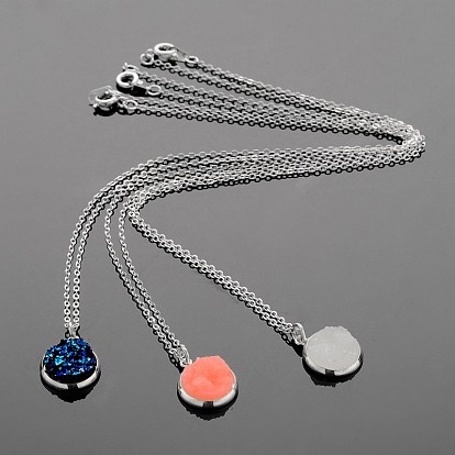 Silver Color Plated Flat Round Brass Druzy Resin Pendant Necklaces, with Cable Chains and Spring Ring Clasps, 18 inch