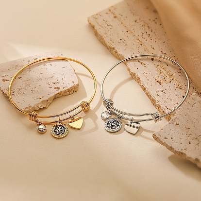 Браслеты из нержавеющей стали с микропаве из кубических цирконий, регулируемые раздвижные браслеты для женщин, дерево жизни и сердца