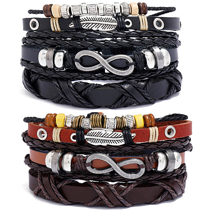 3Pcs 3 Style Leather Cord Bracelets Set, Alloy Feather & Infinity Links Adjustable Bracelets with Waxed Cords