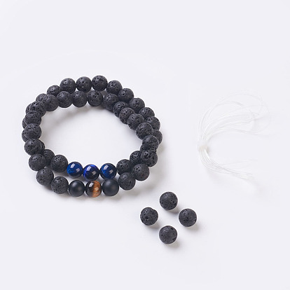 Natural Lava Rock Stretch Bracelets, with Natural Gemstone Beads, Round, Burlap Packing