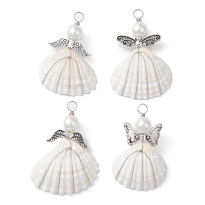 Copper Wire Wrapped Shell Pendants, Angel Charms with Glass Pearl Beads & Alloy Wings