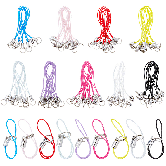 90Pcs 9 Colors Nylon Mobile Straps, with Iron Split Key Ring, Platinum