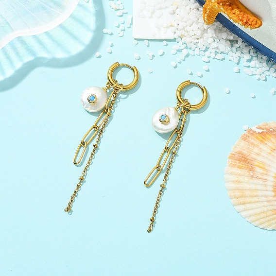 304 серьги-кольца с кисточками из нержавеющей стали, с пресноводным жемчугом и 201 фурнитурой из нержавеющей стали