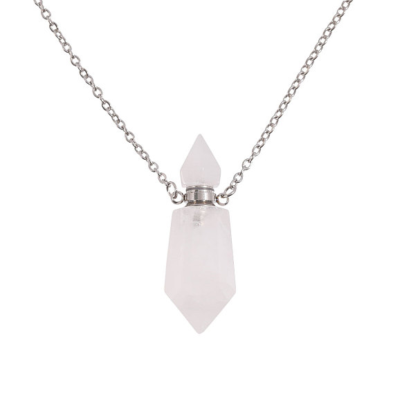 1Pc Natural Gemstone Faceted Pointed Bullet Shaped Perfume Bottle Pendant Necklaces, with Alloy Chains