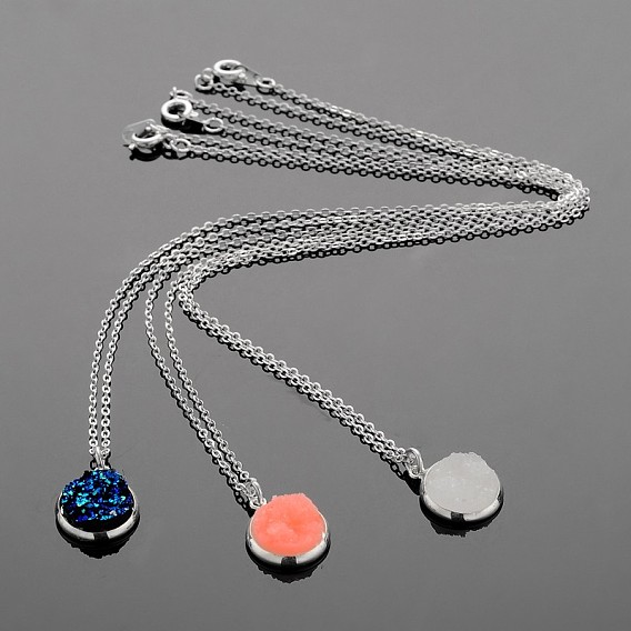Silver Color Plated Flat Round Brass Druzy Resin Pendant Necklaces, with Cable Chains and Spring Ring Clasps, 18 inch