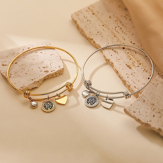 Браслеты из нержавеющей стали с микропаве из кубических цирконий, регулируемые раздвижные браслеты для женщин, дерево жизни и сердца