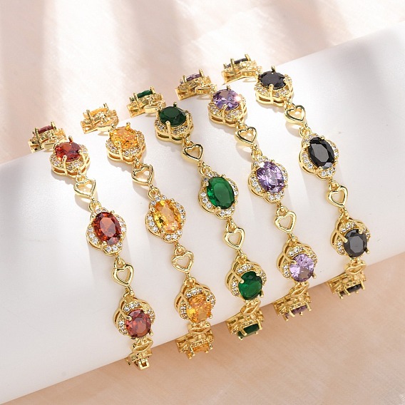 Браслеты-цепочки из латуни в форме сердца и овала, украшенные микропаве из кубического циркония, для женщин., без кадмия и без свинца, долговечный, стойки покрытие, реальный 18 k позолоченный