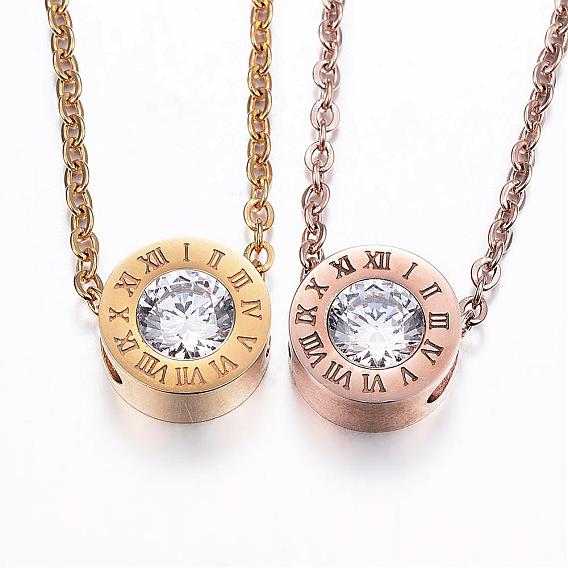 304 Stainless Steel Cubic Zirconia Pendant Necklaces, Flat Round
