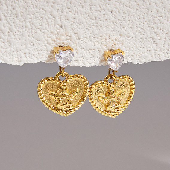 304 Stainless Steel Pave Clear Cubic Zirconia Stud Dangle Earrings, Heart with Angel