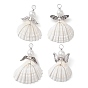 Copper Wire Wrapped Shell Pendants, Angel Charms with Glass Pearl Beads & Alloy Wings