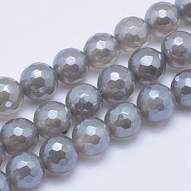 Brins de perles d'agate gris naturels galvanisés, facette, ronde