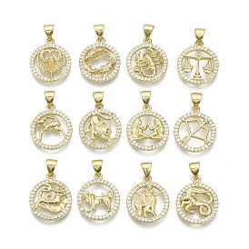 Brass Micro Pave Cubic Zirconia Pendants, Nickel Free, with Snap on Bail, Flat Round with Constellation, Clear, Real 18K Gold Plated