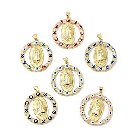 Rack Plating Brass Micro Pave Clear Cubic Zirconia Pendants, with Enamel, Cadmium Free & Lead Free, Real 18K Gold Plated, Ring & Oval with Saint & Evil Eye