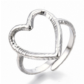 304 Stainless Steel Hollow Heart Cuff Rings, Textured Open Rings for Women Girls