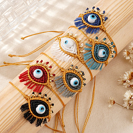 Богемные браслеты ручной работы с подвесками в виде «злого глаза» и кисточками., регулируемые браслеты с нейлоновой нитью для женщин