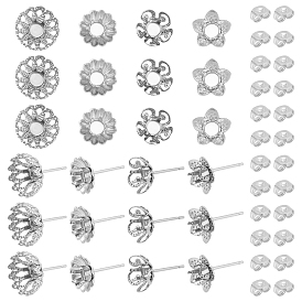 32Pcs 4 Style 304 Stainless Steel Stud Earring Findings, with 40Pcs Ear Nuts, Flower