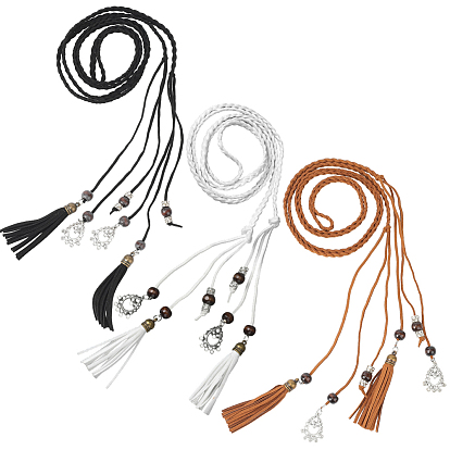 3 шт. 3 цвета ремни-цепочки из искусственной кожи в богемном стиле с плетеными кисточками, с фурнитурой сплавочной и деревянными бусинами, античное золото 