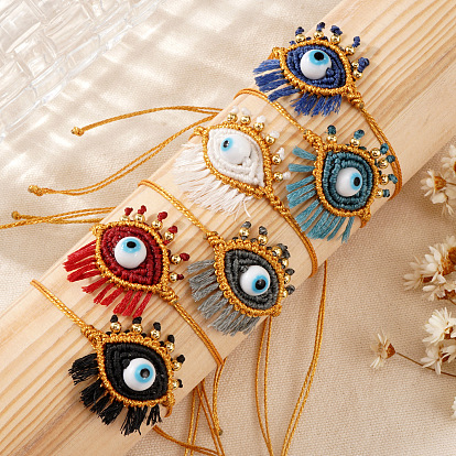 Богемные браслеты ручной работы с подвесками в виде «злого глаза» и кисточками., регулируемые браслеты с нейлоновой нитью для женщин