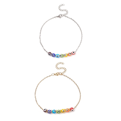 Multi-Colored Handmade Evil Eye Lampwork Anklets, with 304 Stainless Steel Cable Chains