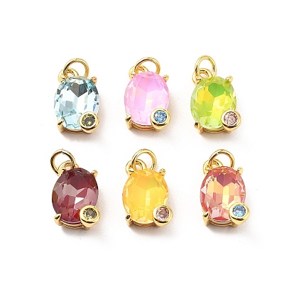 Овальные латунные микро проложить Цирконом подвески, с соединительным кольцом и стеклянными стразами, стойки покрытие, реальный 18 k позолоченный, без свинца и без кадмия, долговечный